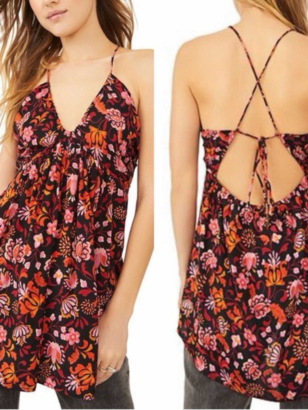 Free People Black Floral Spaghetti-Strap Tunic with Pink & Orange Flowers